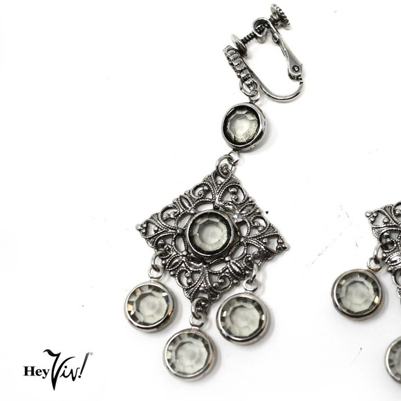Vintage 1980s Silver Fancy Dangle Clip On Earrings New/Old Store Stock -Hey Viv - Picture 2 of 5
